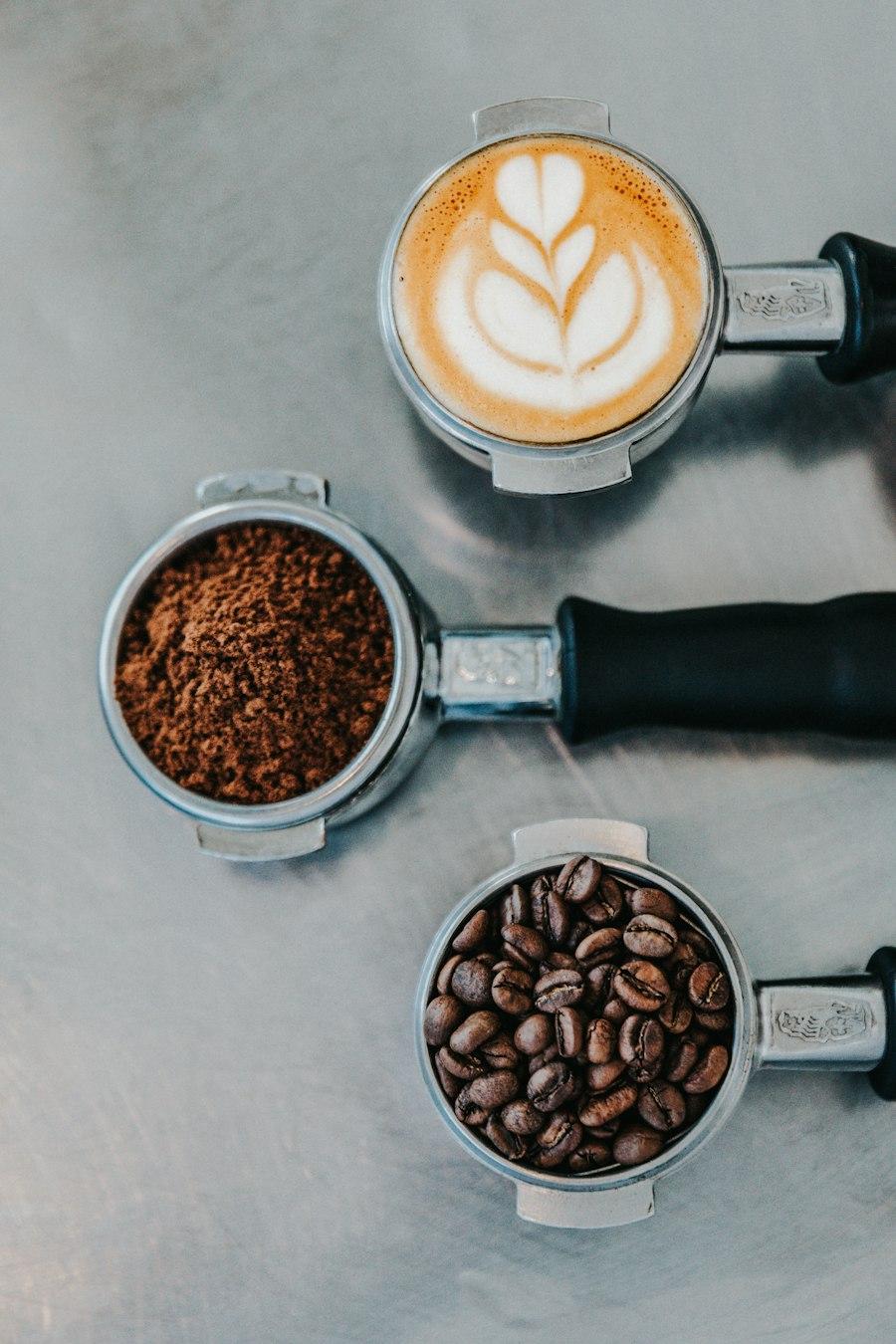 Latte art next to coffee beans